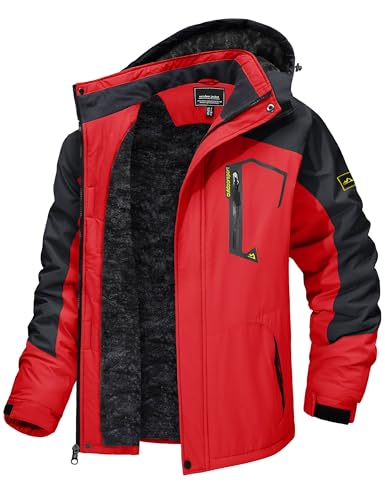 TACVASEN Men's Ski Jacket - Winter Snow Water Resistant Fleece Snowboarding Jacket With Hood - Outdoor Soft Shell Parka Sportswear, Red - Image 1