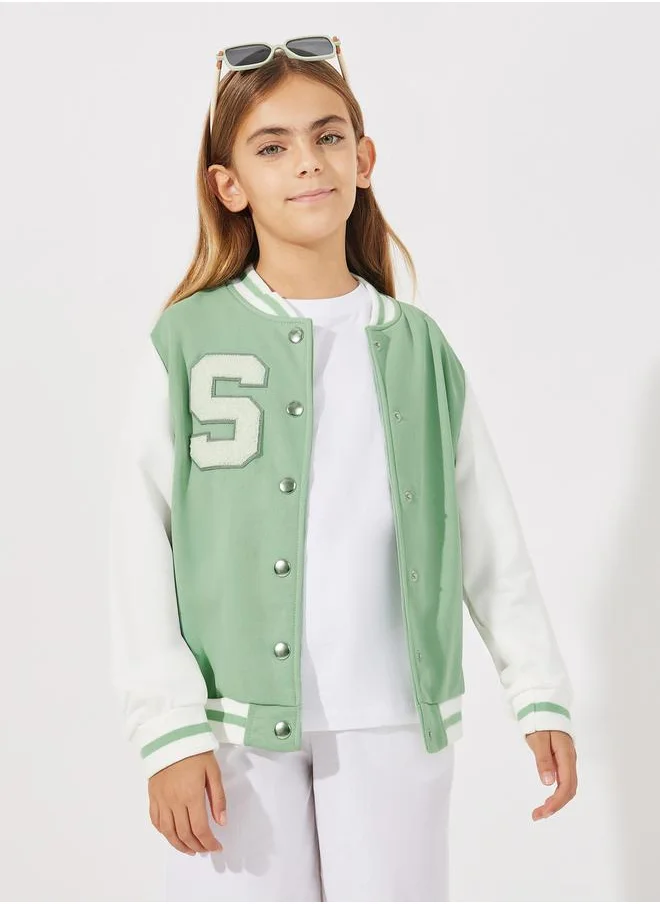 Styli Letter Patch Contrast Sleeve Varsity Jacket