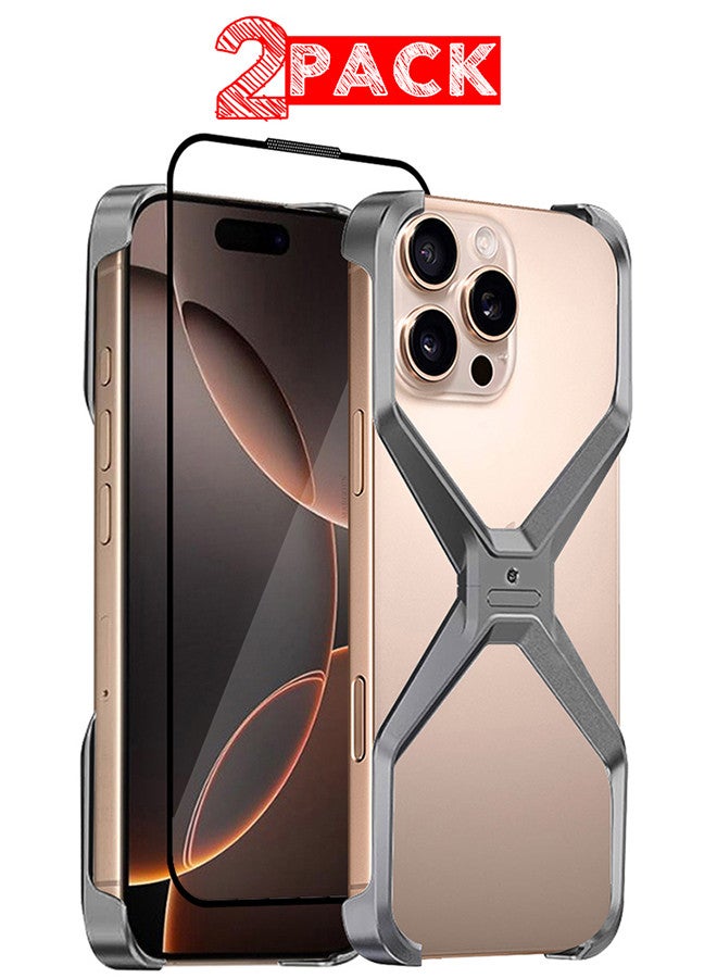 ( for iPhone 16 Pro Max ) 2 Pack, Case and Screen Protector, X Shape Anti-Fall Bare Phone Case,Cool Design Luxury Metal Shockproof Anti-Scratch Slim Borderless Case - Image 1