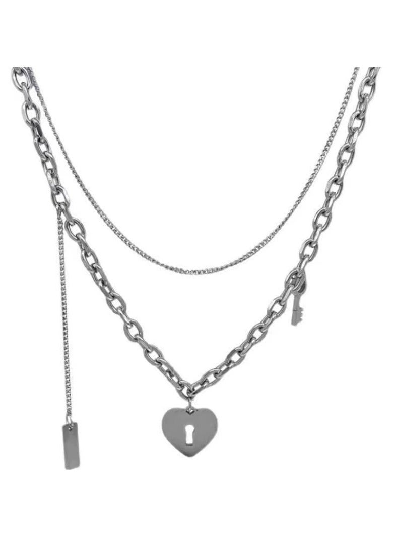 Goolsky Double-Layer Heart & Key Necklace for Women – Indie Hip-Hop Street Style, Trendy Couple Collarbone Chain, Matching Gift - Image 1