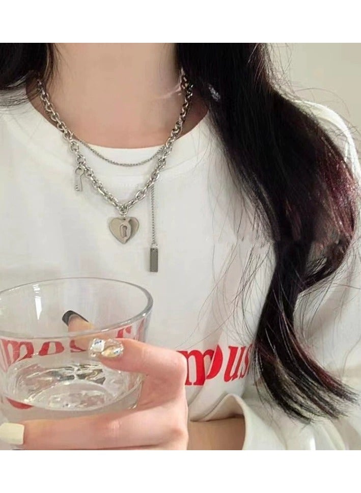 Goolsky Double-Layer Heart & Key Necklace for Women – Indie Hip-Hop Street Style, Trendy Couple Collarbone Chain, Matching Gift - Image 2