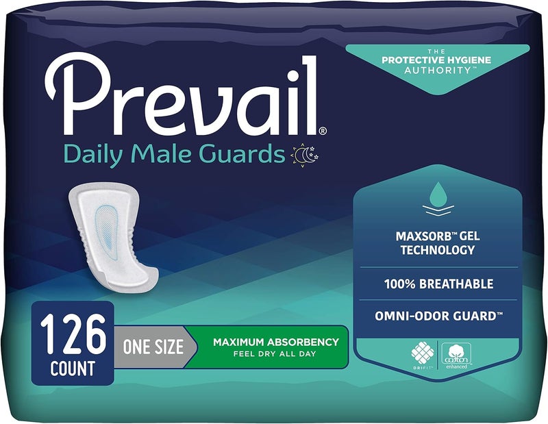 Prevail Prevail Proven - Male Incontinence Guards - Bladder Leak Guards - Maximum Absorbency - 126 Count (9 packs of 14) 
