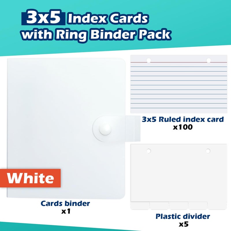 Olivo 3x5 Lined Index Cards with Ring Binder Holder and Dividers, 100 Ruled Cards, White - Image 3