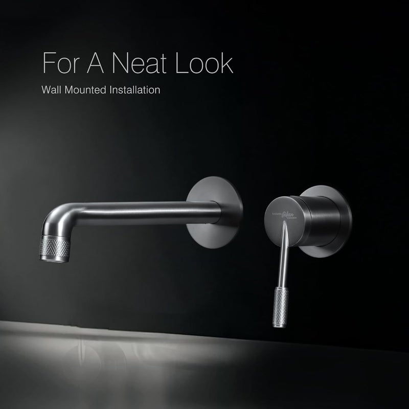 hindware خلاط حوض مخفي من مجموعة هيندوير الإيطالية مع جسم لتركيب على الحائط في الحمام مصنوع من الفولاذ المقاوم للصدأ بتشطيب معدني رمادي رفيع يعمل بواسطة رافعة مجموعة إيفينكو ضمان المصنع لمدة 5 سنوات - Image 4