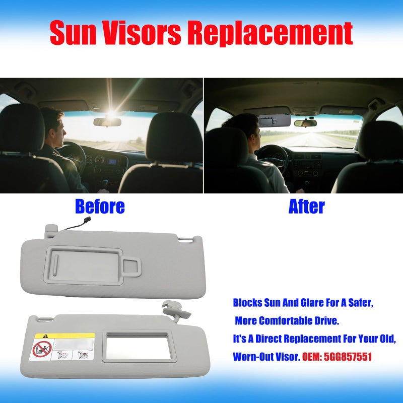 Sun Visor Replacement Fit for Volkswagen Jetta 2019-2021 Golf Mk7 - Gray Driver Left & Passenger Right Side with Mirror - OE 5GG857551 for Volkswagen Owners - Image 3