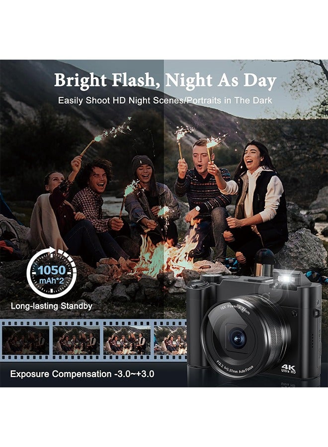 4K Digital Camera, 64MP Rear and Front Camera for Photography and Video Autofocus Anti-Shake, 3'' Selfie Flip Vlogging Camera with Ultra Bright Flash, Camera with Dial 16X Zoom (2 Batteries+32G memo - Image 5