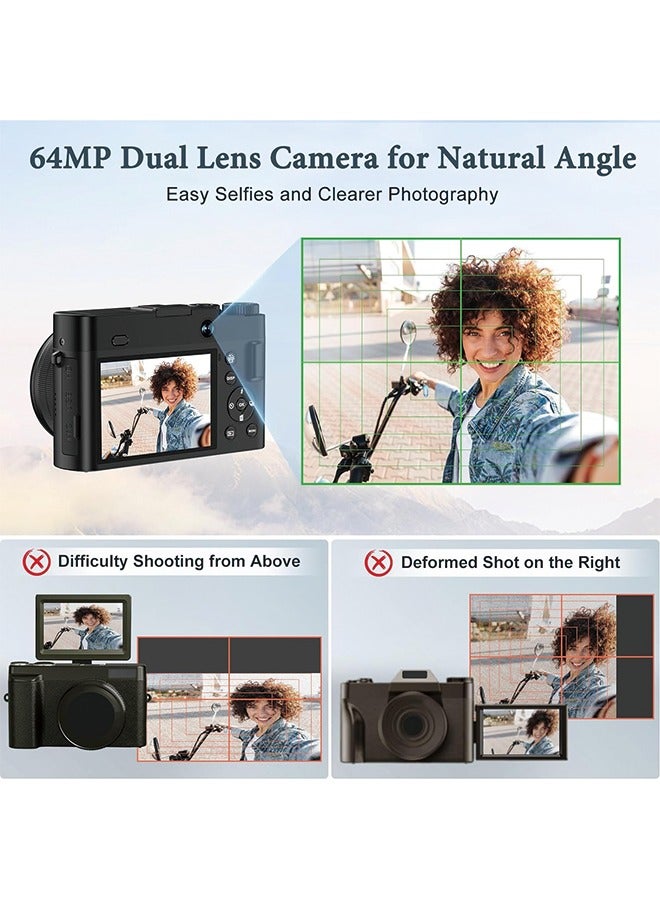 4K Digital Camera, 64MP Rear and Front Camera for Photography and Video Autofocus Anti-Shake, 3'' Selfie Flip Vlogging Camera with Ultra Bright Flash, Camera with Dial 16X Zoom (2 Batteries+32G memo - Image 3