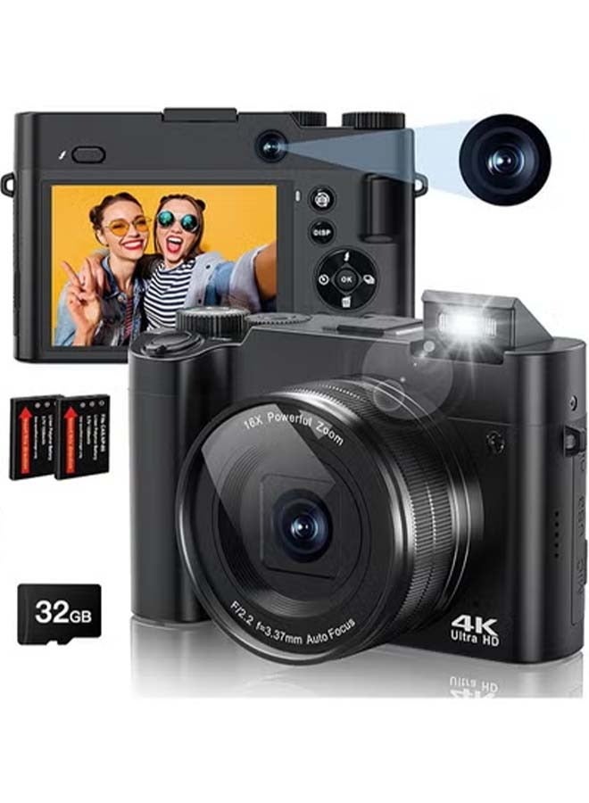 4K Digital Camera, 64MP Rear and Front Camera for Photography and Video Autofocus Anti-Shake, 3'' Selfie Flip Vlogging Camera with Ultra Bright Flash, Camera with Dial 16X Zoom (2 Batteries+32G memo - Image 1