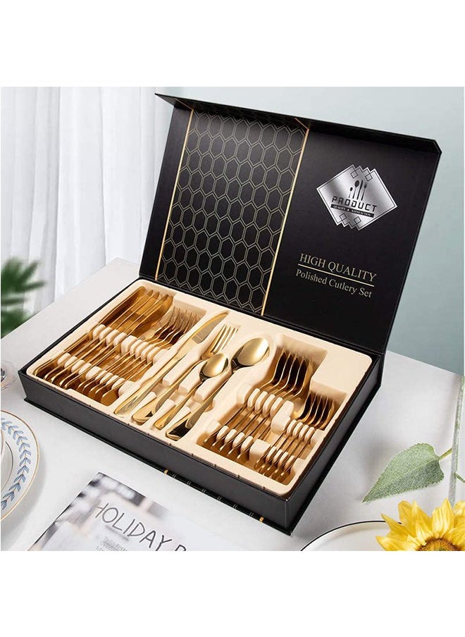 Joshberg - 24 Pieces Cutlery Set， Mirror Polished Cutlery Set,Dishwasher Safe Knife Fork Spoon Tableware set(Gold) - Image 1