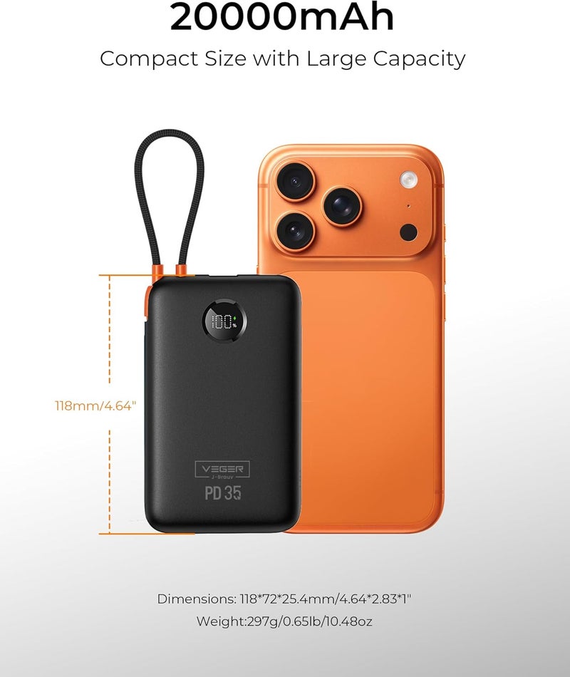 VEGER Trendy varied sizing alternatives Power Bank 20000mAh, 35W PD Portable Charger with Built-In Cables, LED Display, 4 Ports Fast Charging Battery Pack for iPhone Series, Samsung Galaxy, iPad, and More Advanced minimal build - Image 4