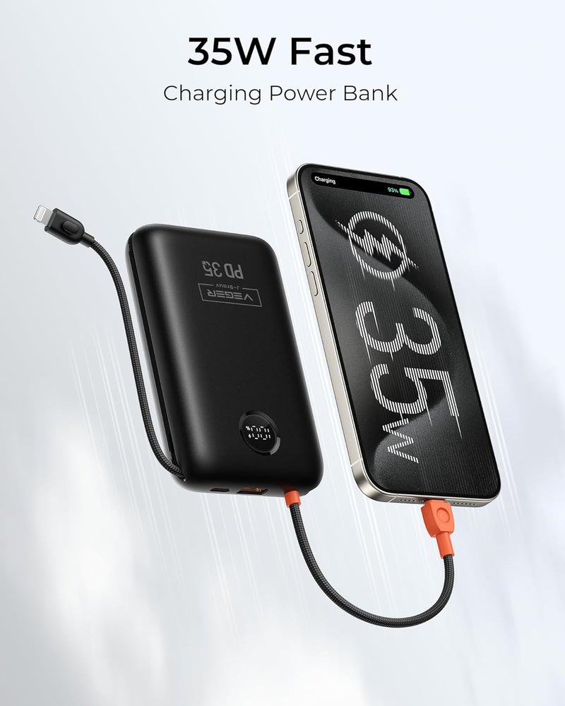 VEGER Trendy varied sizing alternatives Power Bank 20000mAh, 35W PD Portable Charger with Built-In Cables, LED Display, 4 Ports Fast Charging Battery Pack for iPhone Series, Samsung Galaxy, iPad, and More Advanced minimal build - Image 2