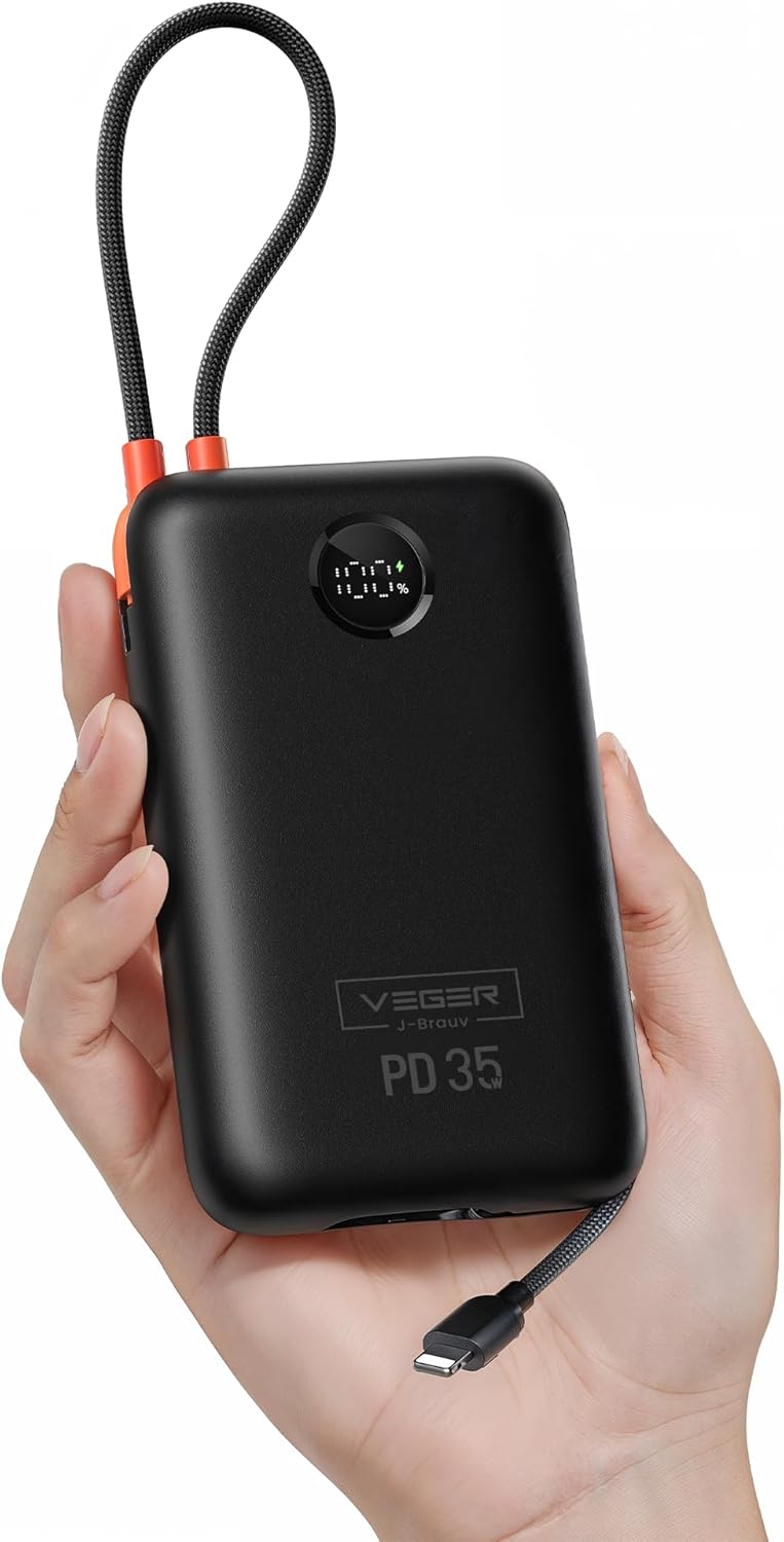 VEGER Trendy varied sizing alternatives Power Bank 20000mAh, 35W PD Portable Charger with Built-In Cables, LED Display, 4 Ports Fast Charging Battery Pack for iPhone Series, Samsung Galaxy, iPad, and More Advanced minimal build - Image 1