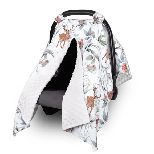 TANOFAR Baby Carseat Canopy Peekaboo Opening Car Seat Canopy for Babies Soft and Breathable Infant Carrier Canopy Multiuse Baby Carrier Stroller Nursing Cover Minky Blanket Animal Leaf - Image 1