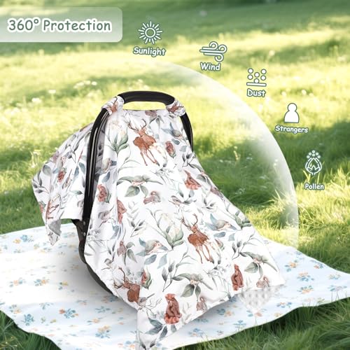 TANOFAR Baby Carseat Canopy Peekaboo Opening Car Seat Canopy for Babies Soft and Breathable Infant Carrier Canopy Multiuse Baby Carrier Stroller Nursing Cover Minky Blanket Animal Leaf - Image 3