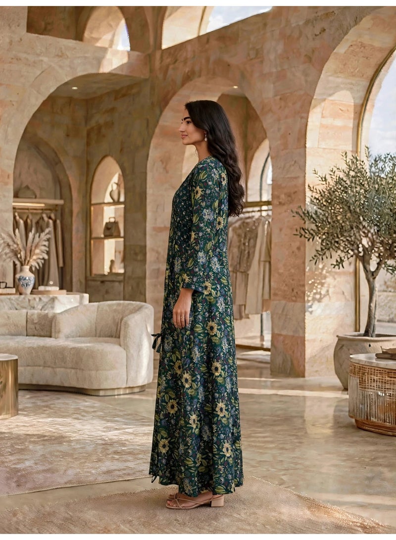 IKKXA Elegant Floral Printed Long-Sleeve Maxi Jalabiya IKTT11Green - Image 4