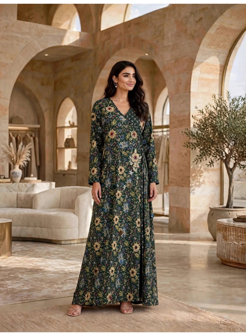 IKKXA Elegant Floral Printed Long-Sleeve Maxi Jalabiya IKTT11Green - Image 1