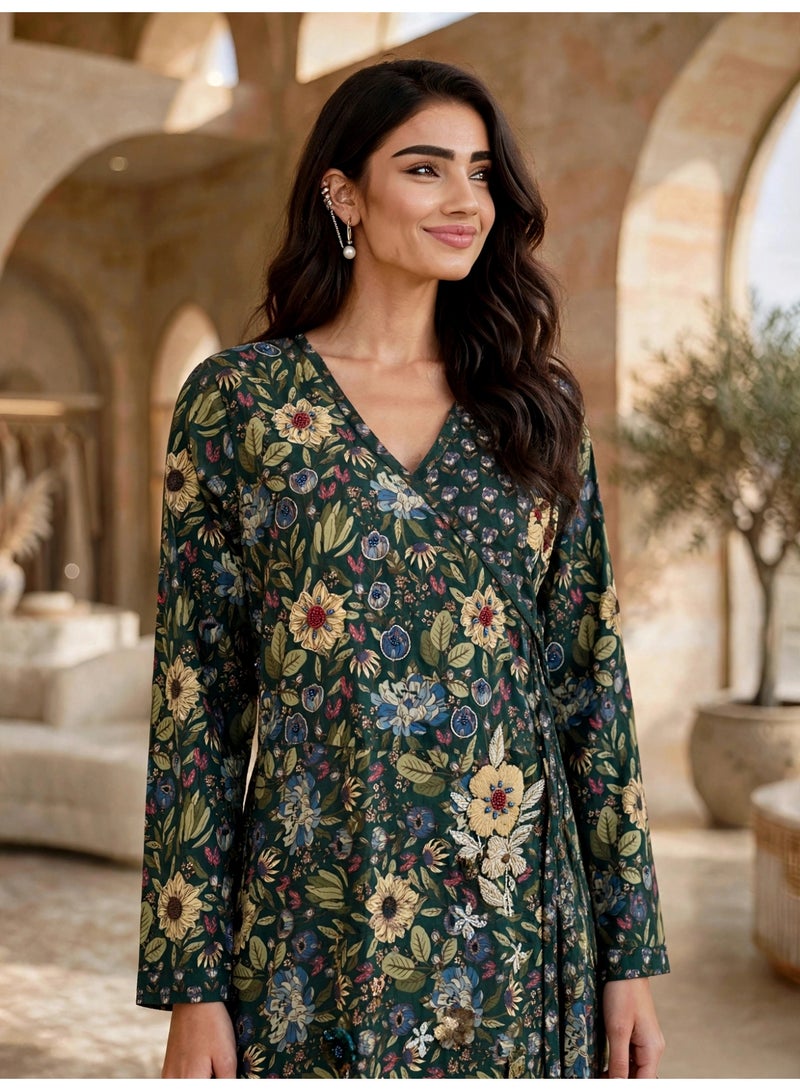 IKKXA Elegant Floral Printed Long-Sleeve Maxi Jalabiya IKTT11Green - Image 2