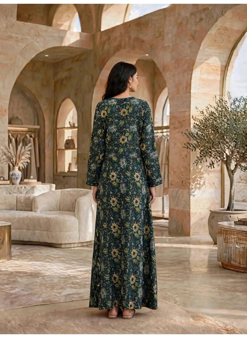 IKKXA Elegant Floral Printed Long-Sleeve Maxi Jalabiya IKTT11Green - Image 5