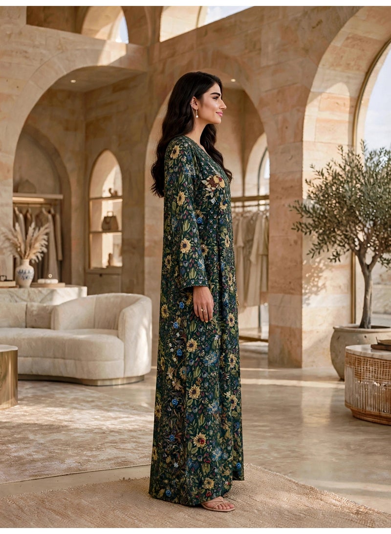 IKKXA Elegant Floral Printed Long-Sleeve Maxi Jalabiya IKTT11Green - Image 3