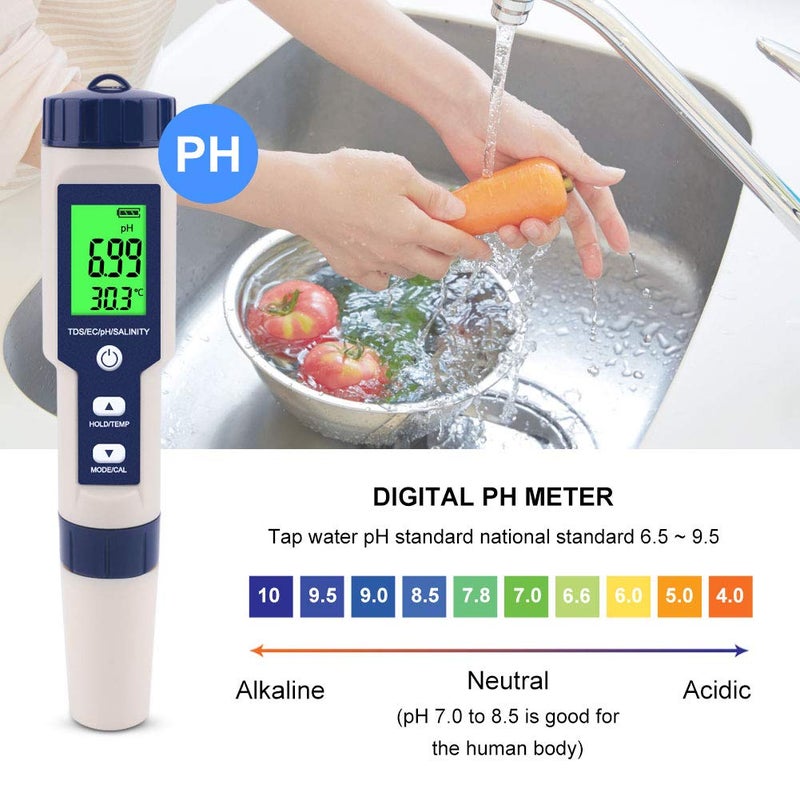 Dewfat PH Meter for Water 5 in 1 PH Temp TDS and EC Meter,Salinity Meter,PH Tester Digital,TDS Meter Digital Water Tester&Pool Salt Tester for Swimming Pool. - Image 5