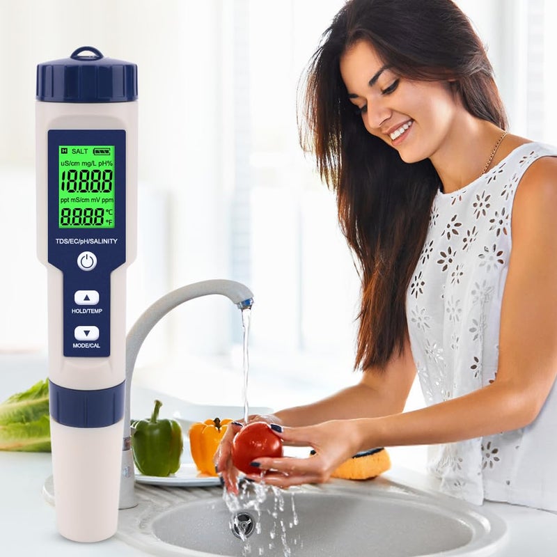 Dewfat PH Meter for Water 5 in 1 PH Temp TDS and EC Meter,Salinity Meter,PH Tester Digital,TDS Meter Digital Water Tester&Pool Salt Tester for Swimming Pool. - Image 4