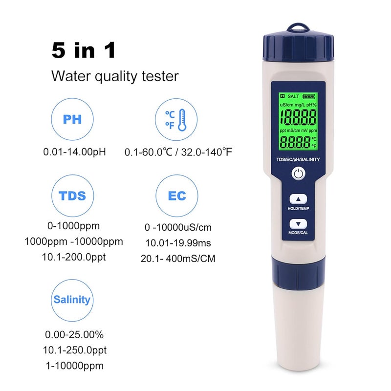 Dewfat PH Meter for Water 5 in 1 PH Temp TDS and EC Meter,Salinity Meter,PH Tester Digital,TDS Meter Digital Water Tester&Pool Salt Tester for Swimming Pool. - Image 2