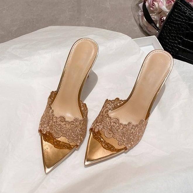 2026 Summer European-American Pointed-Toe Embroidered Stiletto Lace High-Heel Slippers, Champagne Color, Fashionable Outdoor Sandals