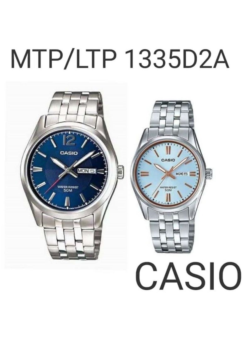 CASIO مجموعة ساعة كاسيو التناظرية بقرص أزرق وسوار ستانلس ستيل MTP/LTP-1335D-2A - Image 1