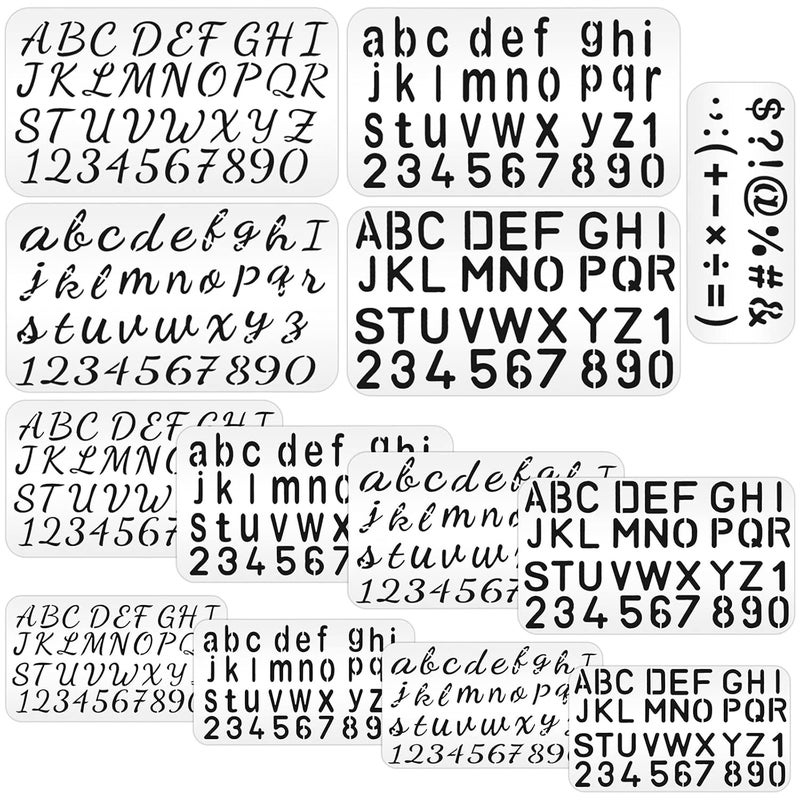Epakh 13 Pieces Letter Number Stencils Alphabet Stencils Plastic Sign Templates Reusable Letter Stencils for Painting on Wood Cursive Regular Letter Templates for Wood Wall DIY Art Projects, 4 Sizes - Image 1