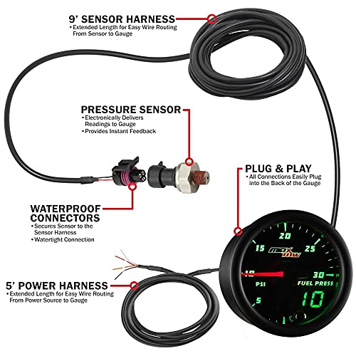 MaxTow Double Vision 30 PSI Fuel Pressure Gauge Kit - Includes Electronic Sensor - Black Gauge Face - Green LED Illuminated Dial - Analog & Digital Readouts - for Diesel Trucks - 2-1/16" 52mm - Image 3