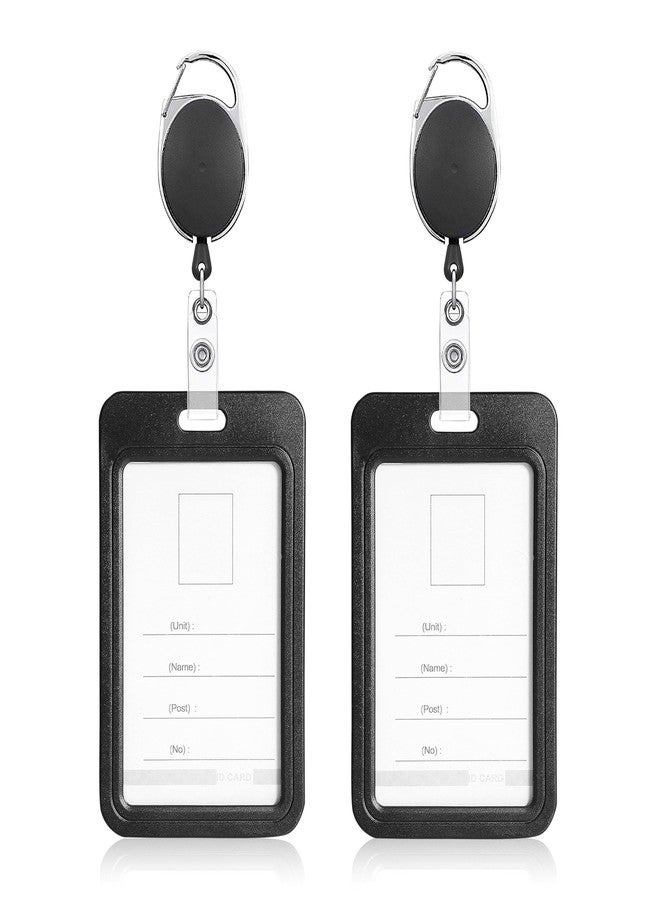 GLUN® Pack 2 Sliding Badge Holder Hard Black Vertical Plastic Card Case Protector with Retractable Badge Reel Carabiner for Office School ID Credit Proximity Key Card Driver’s License and Pass - Image 1