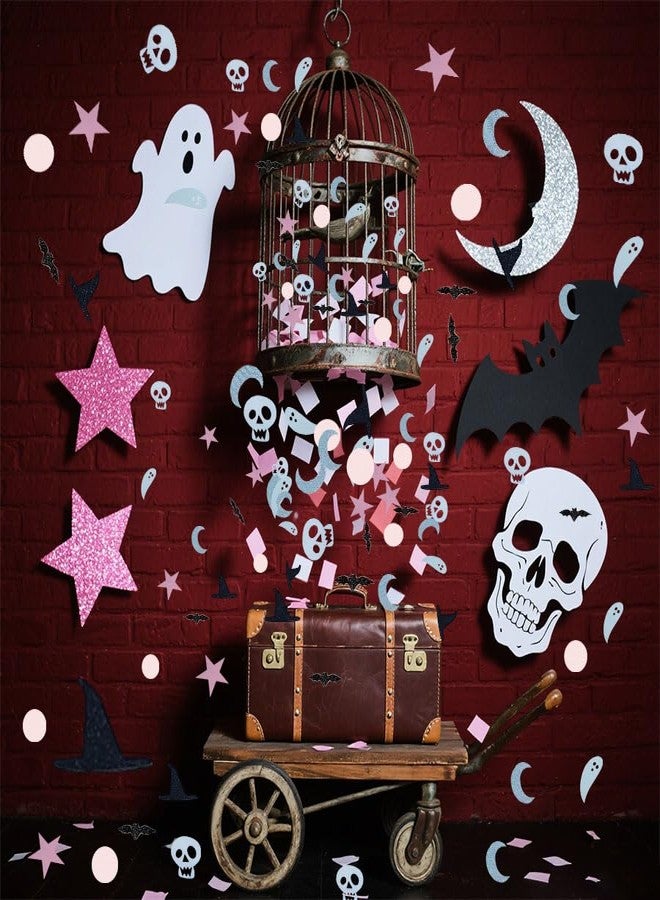 دلفينش ١٠٠ قطعة من قصاصات الورق الملون على شكل خفافيش وأشباح للهالوين - قصاصات ورق وردية وسوداء للهالوين، زينة لامعة على شكل خفافيش وأشباح وقرع لحفلات استقبال المولود الجديد وأعياد الميلاد، تُنثر على طاولات حفلات الهالوين مع قصاصات الورق الملون. - Image 3