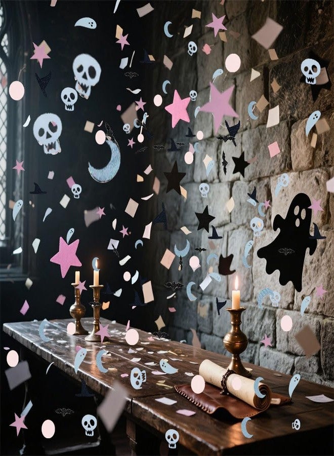 دلفينش ١٠٠ قطعة من قصاصات الورق الملون على شكل خفافيش وأشباح للهالوين - قصاصات ورق وردية وسوداء للهالوين، زينة لامعة على شكل خفافيش وأشباح وقرع لحفلات استقبال المولود الجديد وأعياد الميلاد، تُنثر على طاولات حفلات الهالوين مع قصاصات الورق الملون. - Image 5