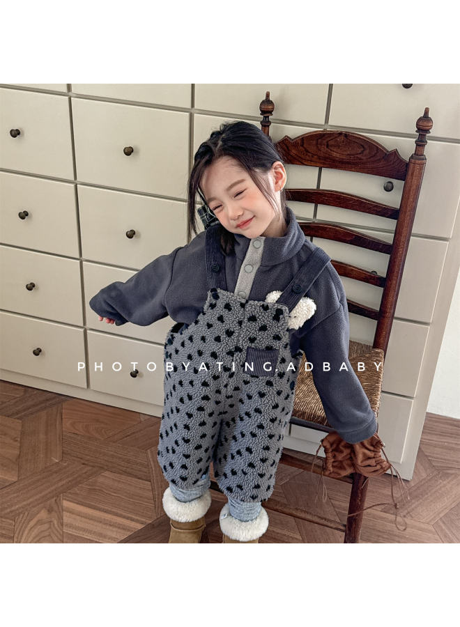 Sweetheart New Kids' Clothing Autumn Winter Style Children's Korean Style Fleece-lined Overalls Girls Boys Pants - Image 2