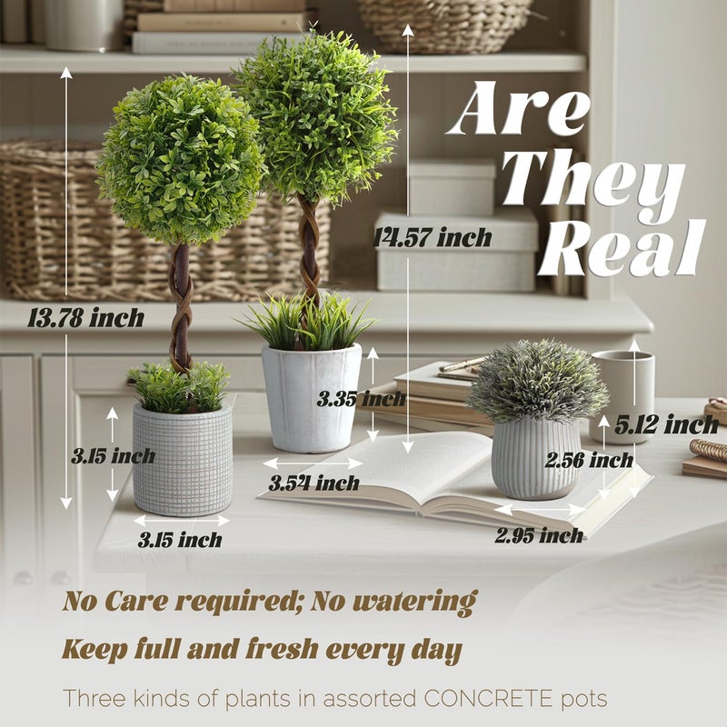 PENGYEE 3 Pack Fake Plants 14.57 Inch  Small Artificial Boxwood Topiary Trees in Cement Planter  Artificial Plants Indoor/Outdoor for Home Bathroom Bedroom Kitchen Office Room Decor - Image 2