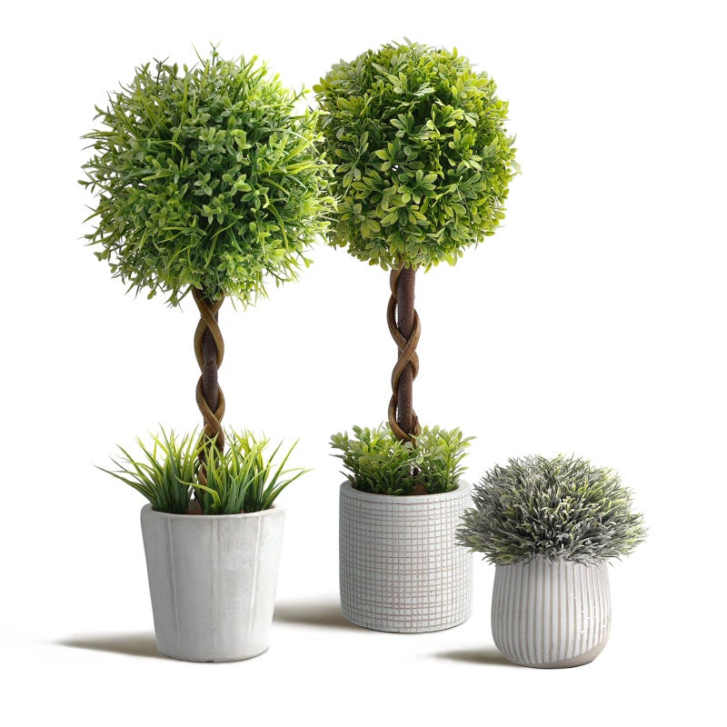 PENGYEE 3 Pack Fake Plants 14.57 Inch  Small Artificial Boxwood Topiary Trees in Cement Planter  Artificial Plants Indoor/Outdoor for Home Bathroom Bedroom Kitchen Office Room Decor - Image 1