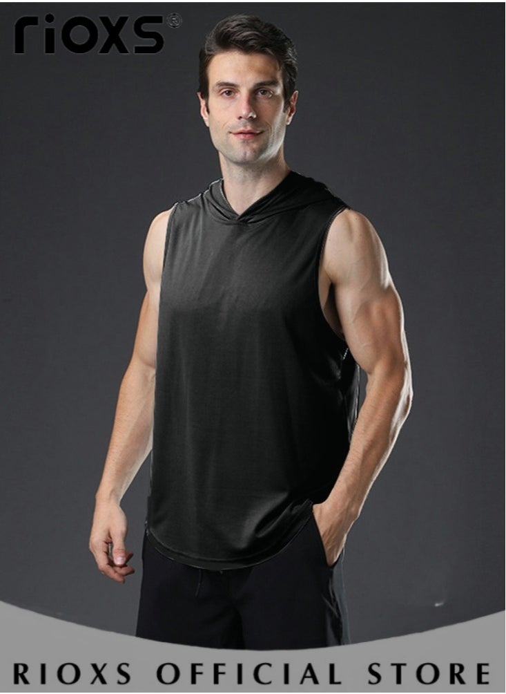 RIOXS Men's Workout Hooded Tank Top Sleeveless Bodybuilding Muscle Shirts Gym Hoodies Tops  - Image 2