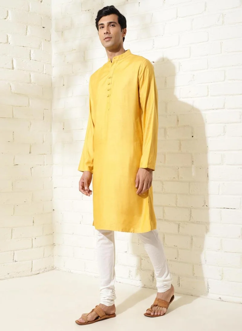 Fabindia Yellow Viscose Silk Slim Fit Long Kurta