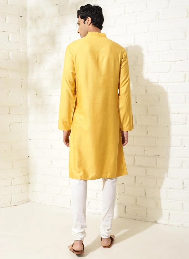 Fabindia Yellow Viscose Silk Slim Fit Long Kurta