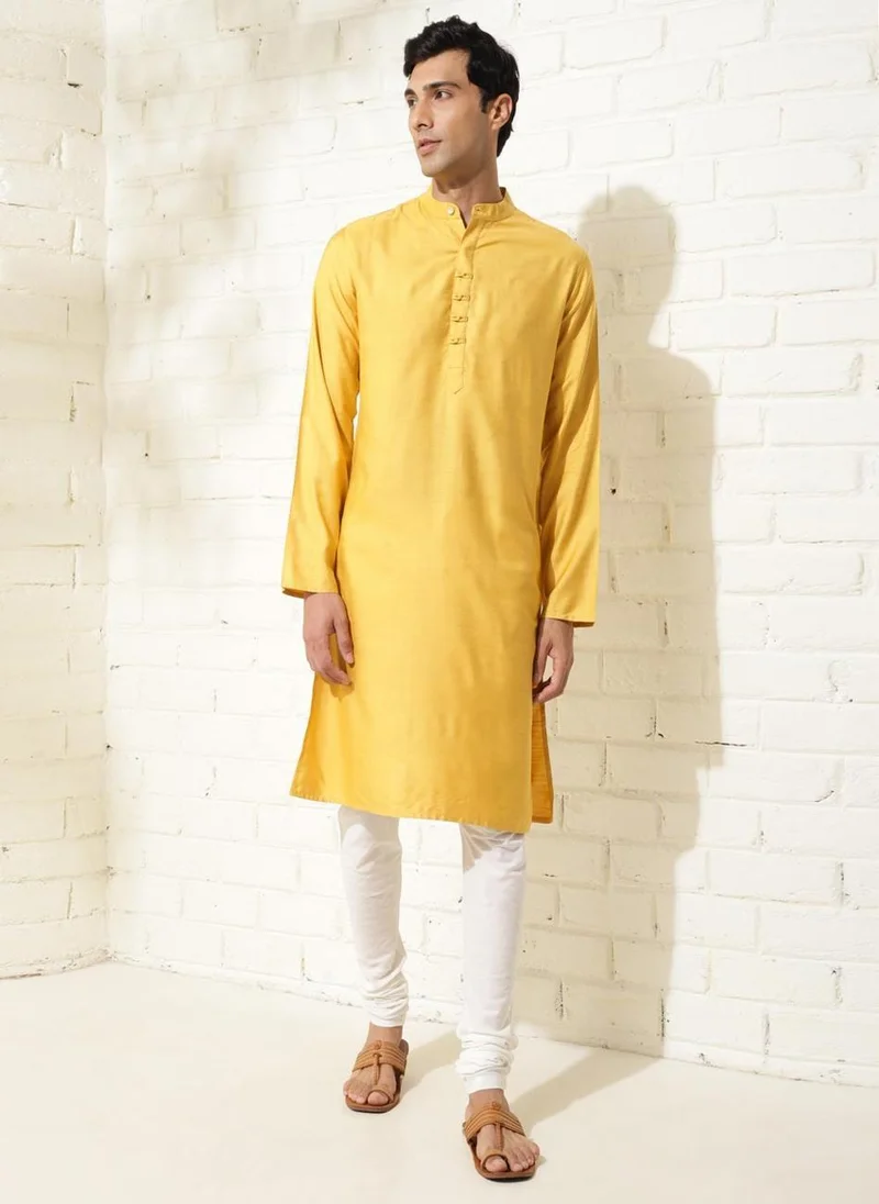 Fabindia Yellow Viscose Silk Slim Fit Long Kurta