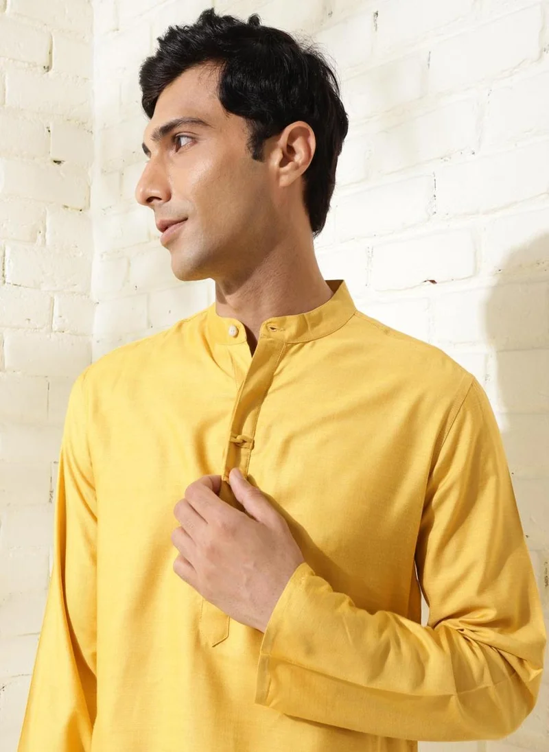 Fabindia Yellow Viscose Silk Slim Fit Long Kurta