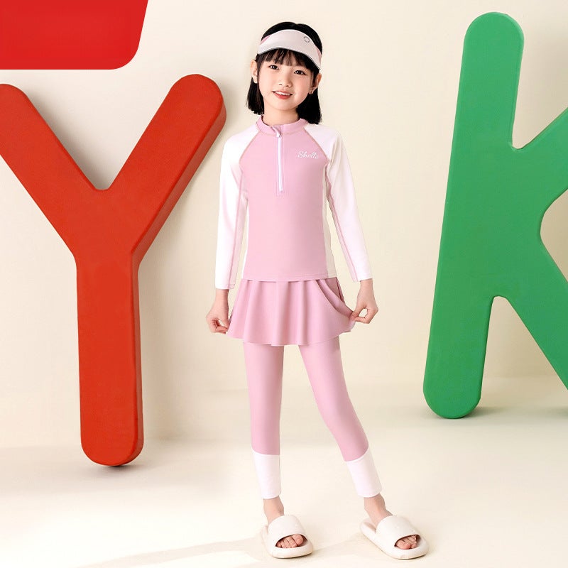 Generic Girls Long Sleeve Two-Piece Swimsuit 2024 Pink long-sleeved trousers 