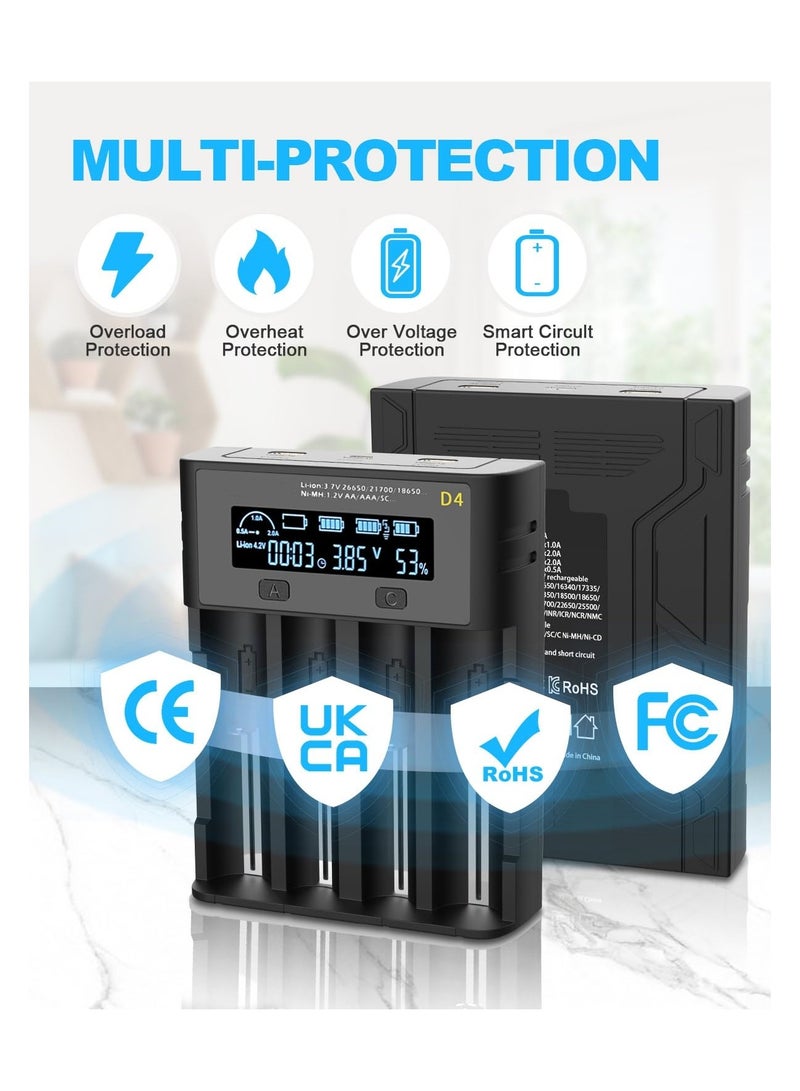 4-Slot Universal Rechargeable Battery Charger, 18650 Battery Charger LCD Display Battery Charger High-Speed Battery Charger with Micro USB for Li-ion Batteries 18650 26650, Ni-MH/Ni-Cd A AA AAA - Image 4