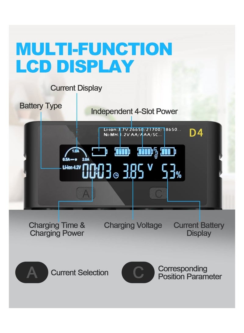 4-Slot Universal Rechargeable Battery Charger, 18650 Battery Charger LCD Display Battery Charger High-Speed Battery Charger with Micro USB for Li-ion Batteries 18650 26650, Ni-MH/Ni-Cd A AA AAA - Image 5