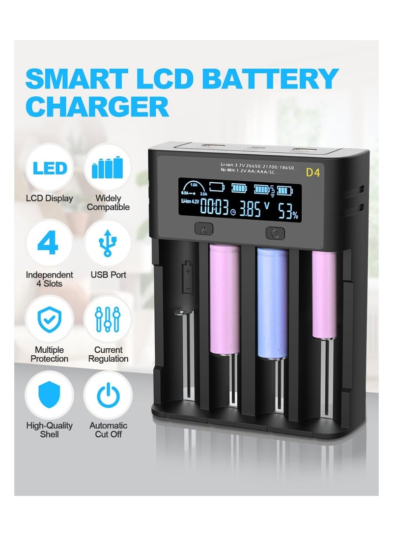 4-Slot Universal Rechargeable Battery Charger, 18650 Battery Charger LCD Display Battery Charger High-Speed Battery Charger with Micro USB for Li-ion Batteries 18650 26650, Ni-MH/Ni-Cd A AA AAA - Image 3