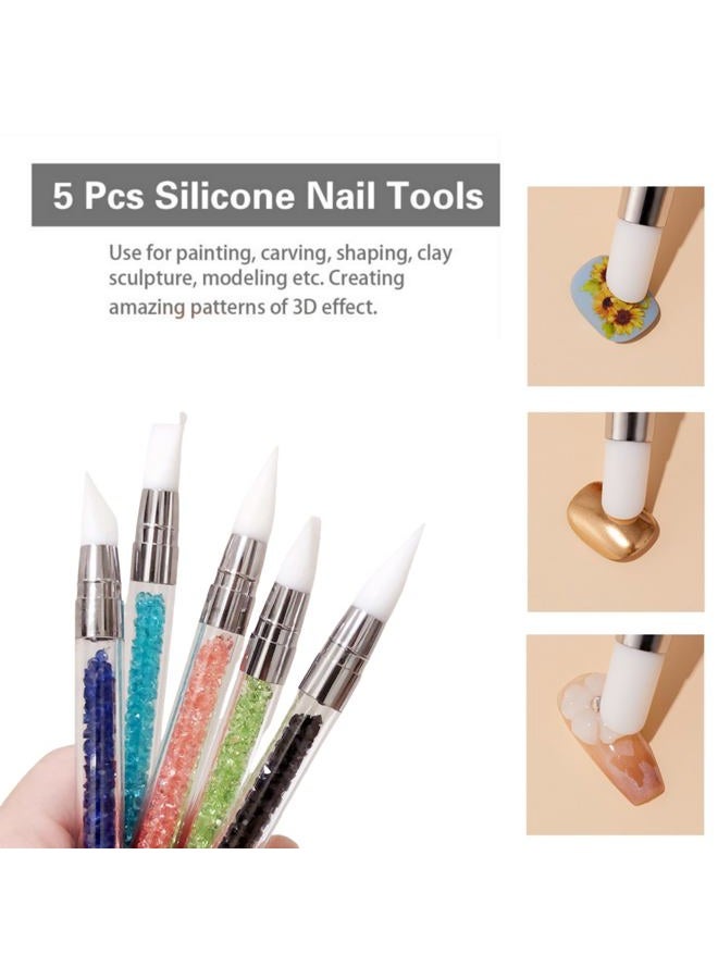 BTYMS 5Pcs Nail Art Sculpture Pen Dual Tipped Silicone Rhinestone Nail Polish Carving Pen - Image 5