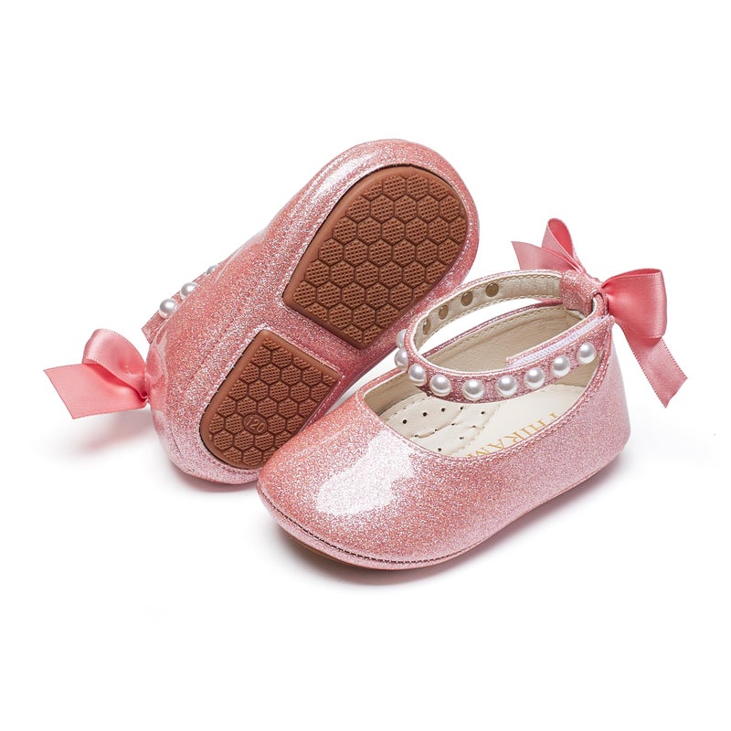 PHIRAMIN Baby Girls Glitter Pink Mary Jane Flats - Infant 18-24 Months Walking Shoes Soft Rubber Sole Princess Wedding - Image 1