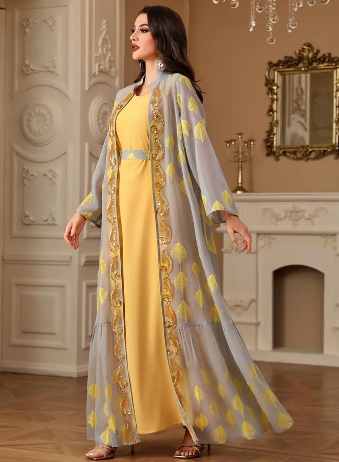 Take Two Women Sequin Patch Detail Belted Kimono with Dress Set