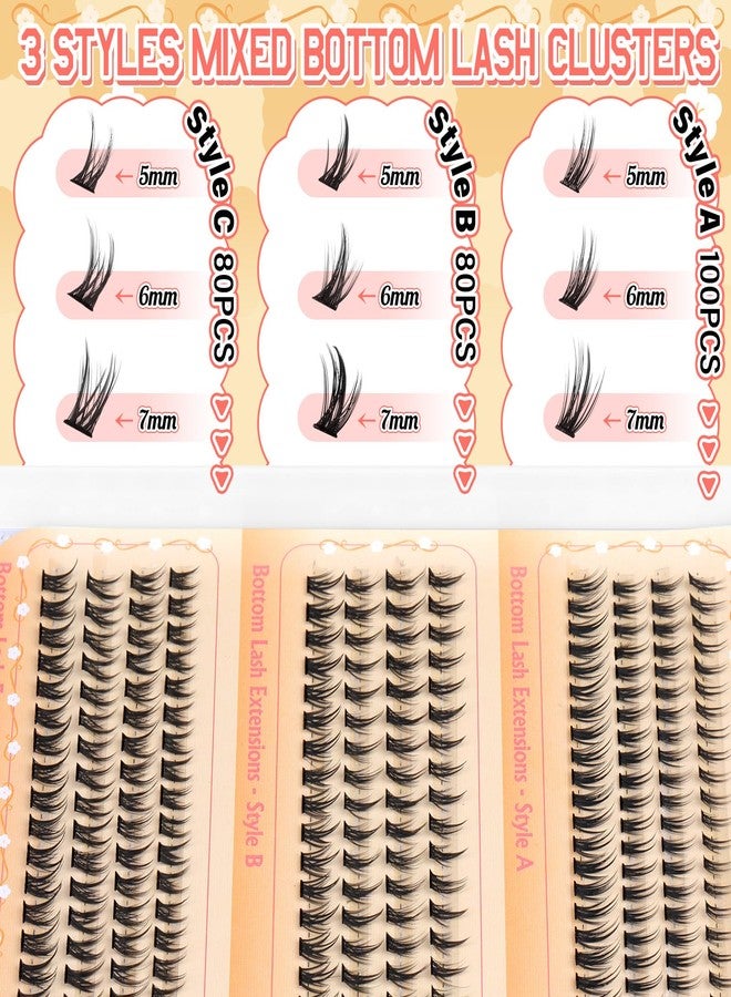 calphdiar Bottom Lashes Clusters DIY Eyelash Extension 3 Styles Lower Eyelash Clusters Bottom Individual Lashes 5-7mm Thin Band Natural Bottom Lash Clusters 260pcs DIY Entire Lash Extensions by calphdiar - Image 2