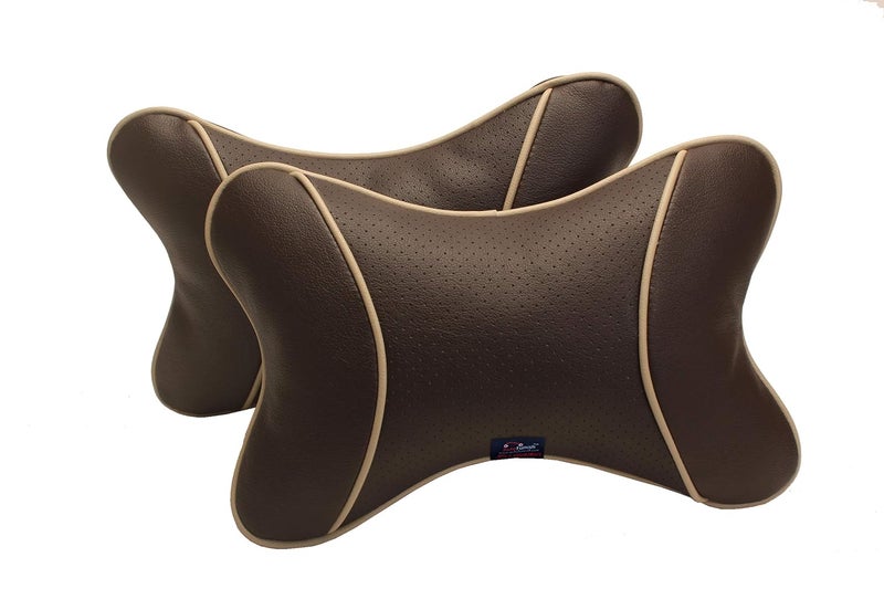 AutoFurnish Premium Car Pillow Neck Rest Made of Faux Leather Comfortable and Long Durability High Elasticity Car Accessories Essentials Brown Set of 2 - Image 1